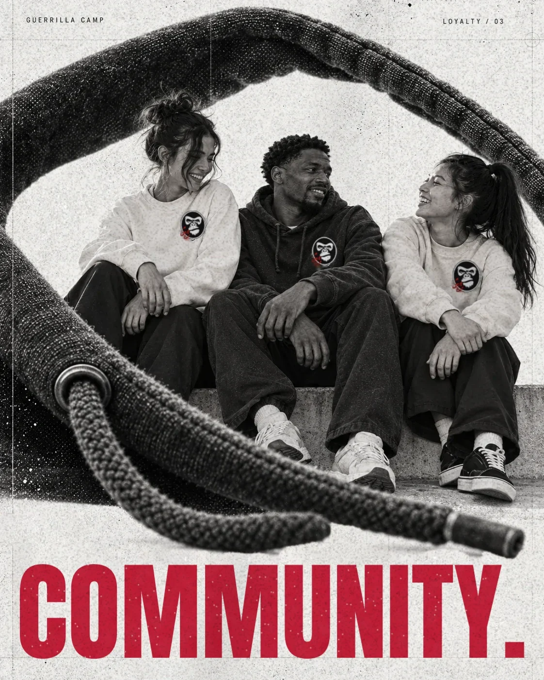 Illustrative campaign print: three adult friends in GC clothing sitting together above red “Community.” lettering