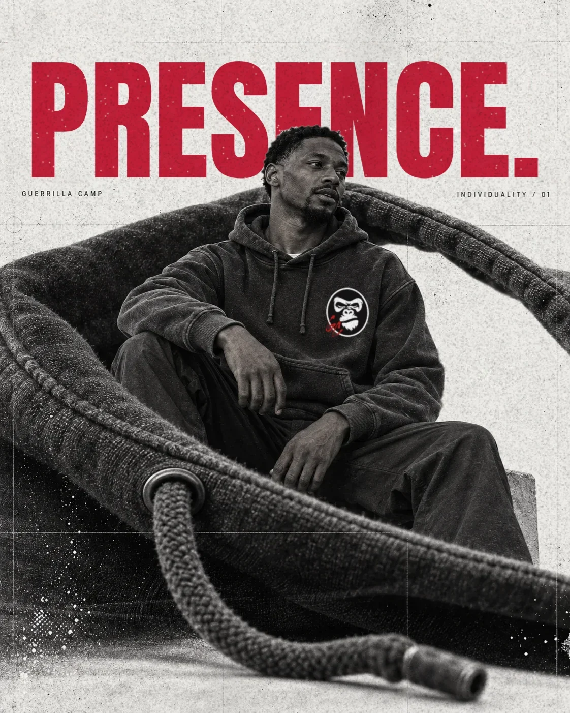 Illustrative campaign print: a seated adult in the GC Hoodie inside an oversized hood drawcord, under red “Presence.” lettering
