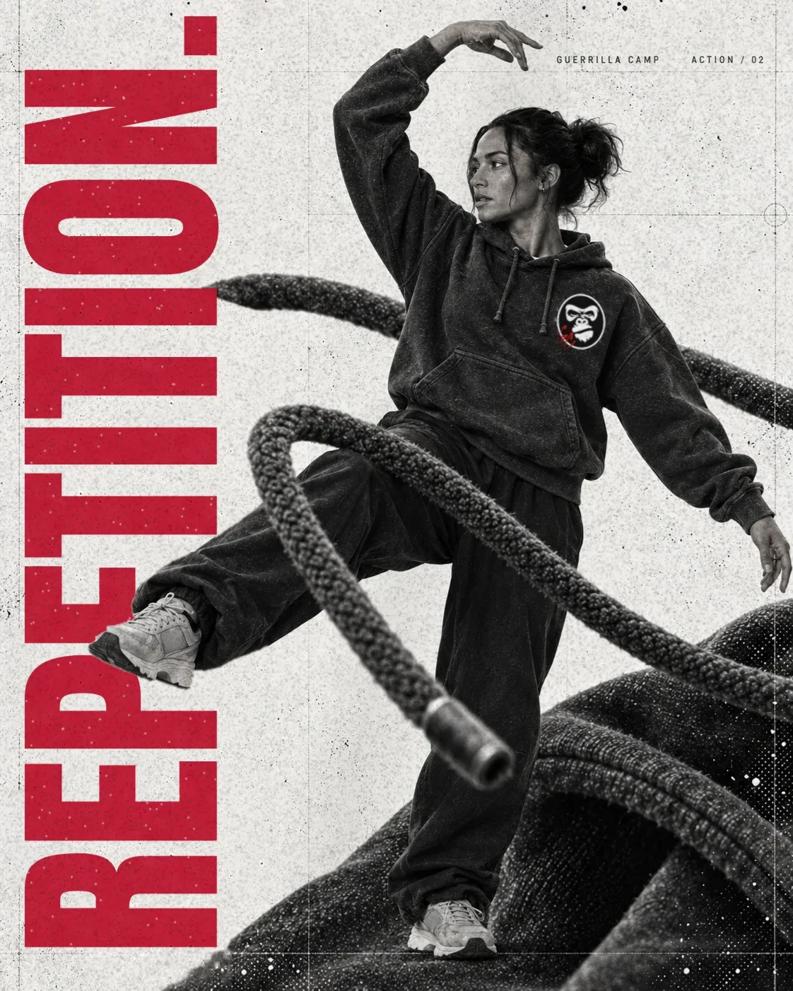 Illustrative campaign print: an adult dancer in the GC Hoodie mid-movement beside vertical red “Repetition.” lettering
