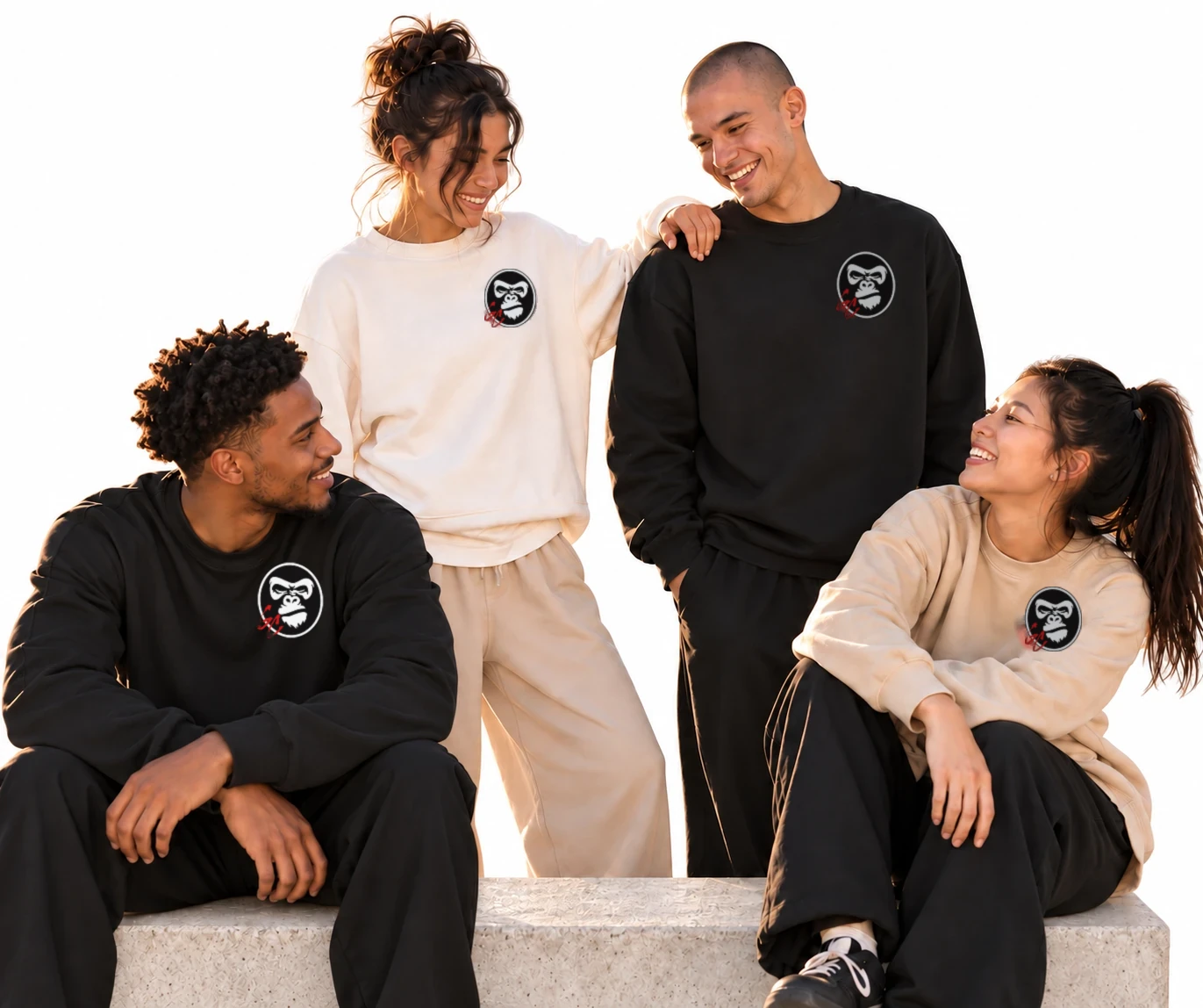Illustrative GC campaign: four adult friends wearing black, cream and sand gorilla-mark sweatshirts