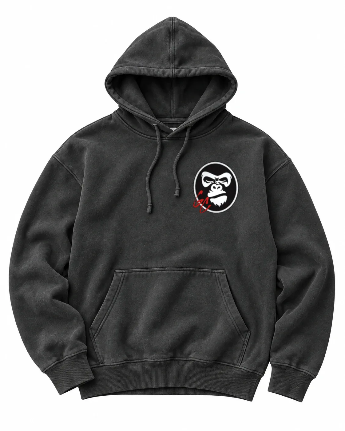 Charcoal GC Hoodie, front view, with the white gorilla and red GC chest mark