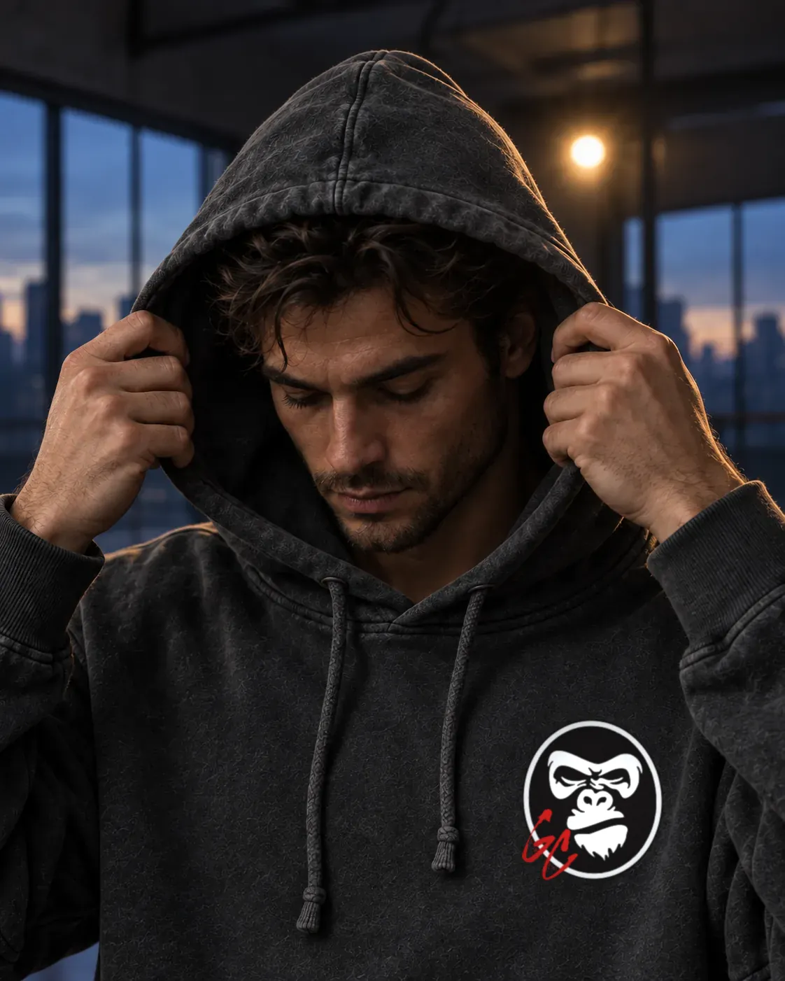 Illustrative campaign: an adult in the charcoal GC Hoodie pulling the hood up at dusk