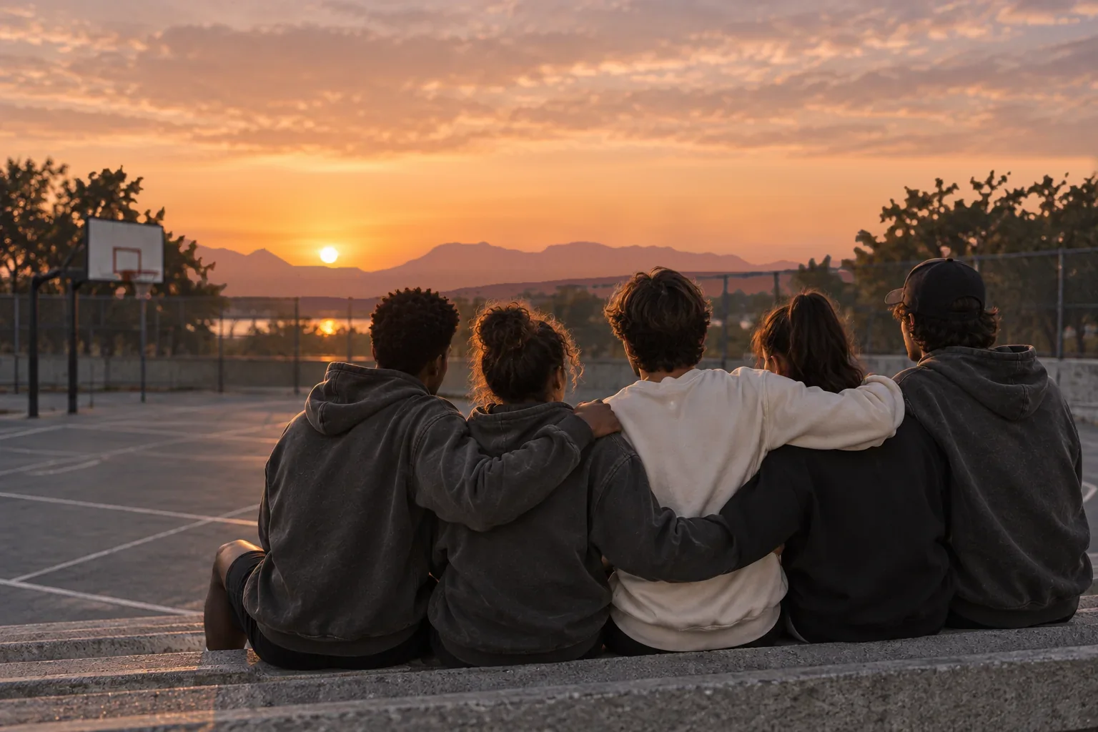 Illustrative GC campaign: five adult teammates on concrete bleachers at sunset, arms around each other, seen from behind, with desert mountains beyond